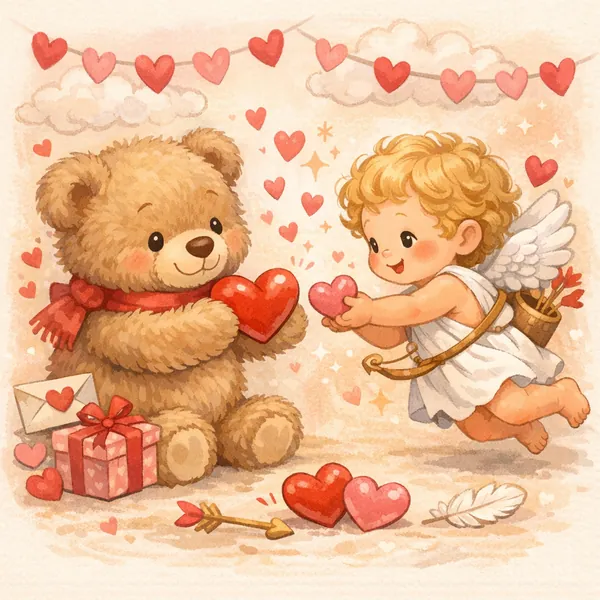Enjoy an online jigsaw puzzle designed for browser play, featuring a heartwarming Valentine’s illustration of a cuddly teddy bear and a cherubic cupid — a cozy