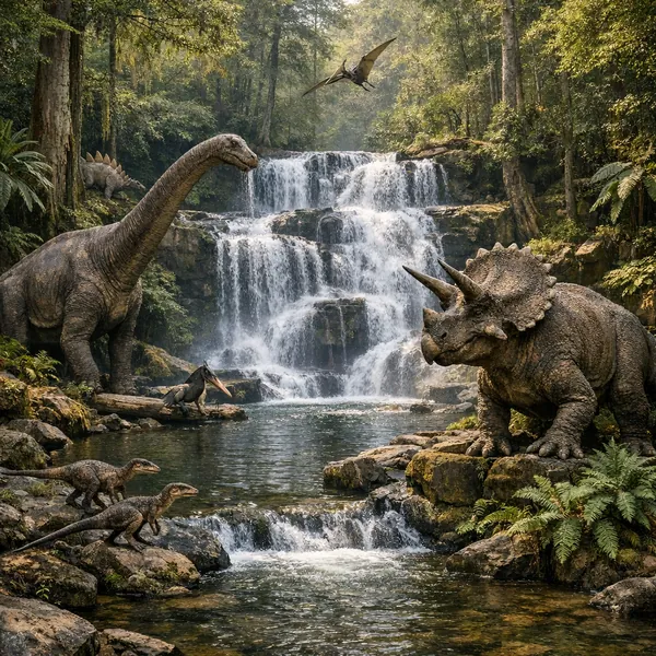 Here’s an online jigsaw puzzle you can play in your browser, featuring a prehistoric nature scene filled with dinosaurs and lush forest.