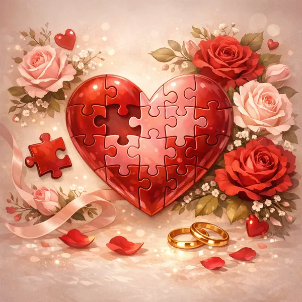 This online jigsaw puzzle features a romantic still-life scene perfect for lovers of flowers and heartfelt imagery, ready to play right in your browser.