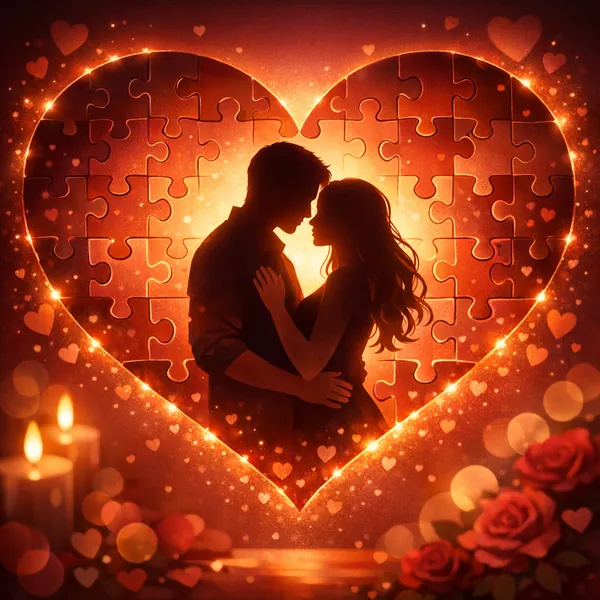 Enjoy an online jigsaw puzzle designed for browser play, featuring a romantic heart-shaped scene that blends couples and love themes into a warm, glowing compos