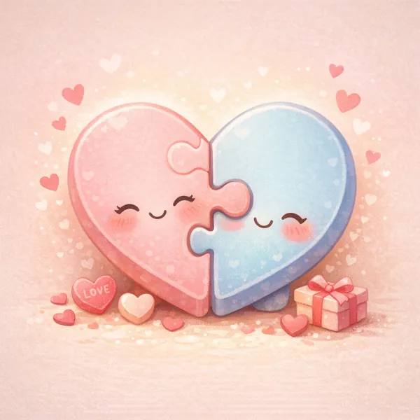 Enjoy an online jigsaw puzzle designed for browser play, featuring a sweet, romantic illustration of two interlocking heart-shaped puzzle pieces.