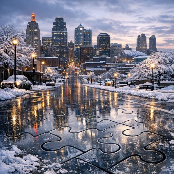Enjoy an online jigsaw puzzle designed for browser play, featuring a snowy cityscape that blends urban architecture with winter nature.