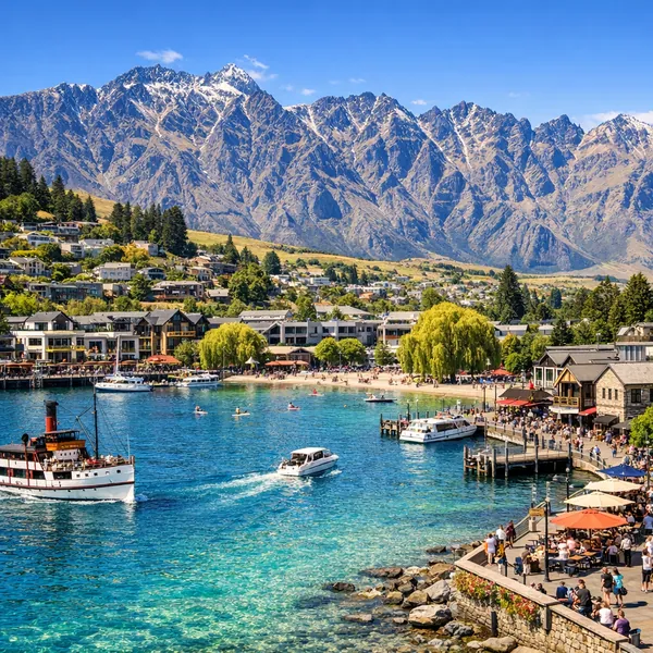 Enjoy an online jigsaw puzzle designed for browser play, featuring a sunlit lakeside town framed by towering mountain peaks and clear turquoise water.