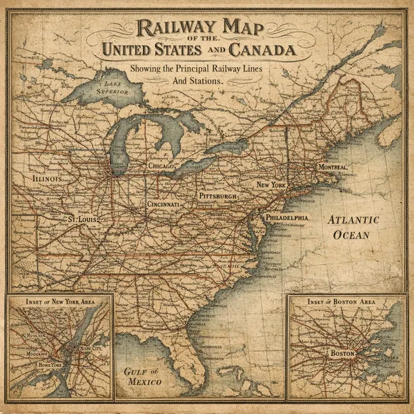 This online jigsaw puzzle features a beautifully aged railway map of the United States and Canada, perfect for lovers of maps, history, and transportation-theme