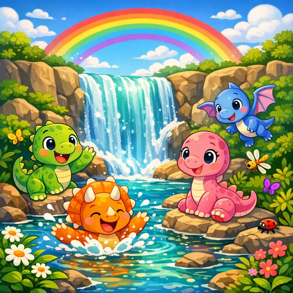 Enjoy an online jigsaw puzzle designed for browser play, featuring a cheerful nature scene with adorable baby dinosaurs.