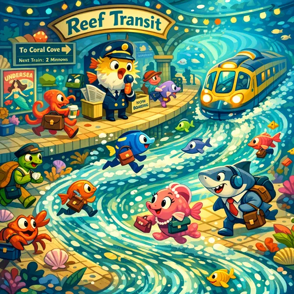 Enjoy an online jigsaw puzzle designed for browser play, featuring a whimsical underwater transit scene filled with friendly sea creatures and lively marine lif