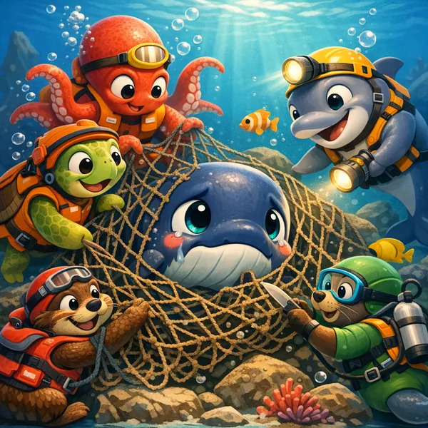 Enjoy an online jigsaw puzzle designed for browser play, featuring a charming underwater rescue scene with playful sea animals.