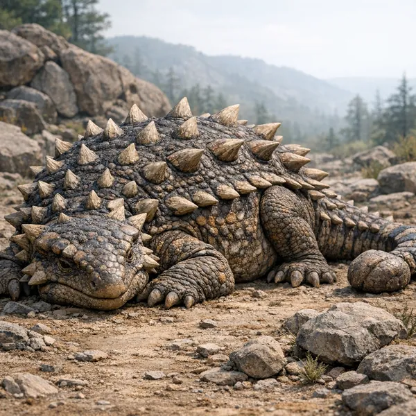 Enjoy an online jigsaw puzzle designed for browser play, featuring a large armored animal resting among rocky hills — a nature-themed scene with prehistoric cha