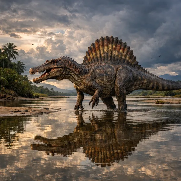 This online jigsaw puzzle features a dramatic prehistoric scene of a Spinosaurus wading through a shallow river, perfect for fans of nature and dinosaurs.