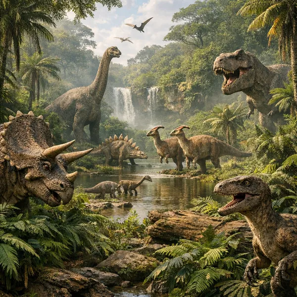 This online jigsaw puzzle features a lush prehistoric scene filled with dinosaurs, perfect for nature and animal lovers to enjoy in the browser.