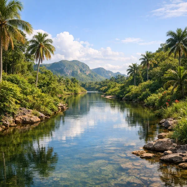 Enjoy an online jigsaw puzzle designed for browser play, featuring a serene nature scene of a river winding through lush tropical greenery.