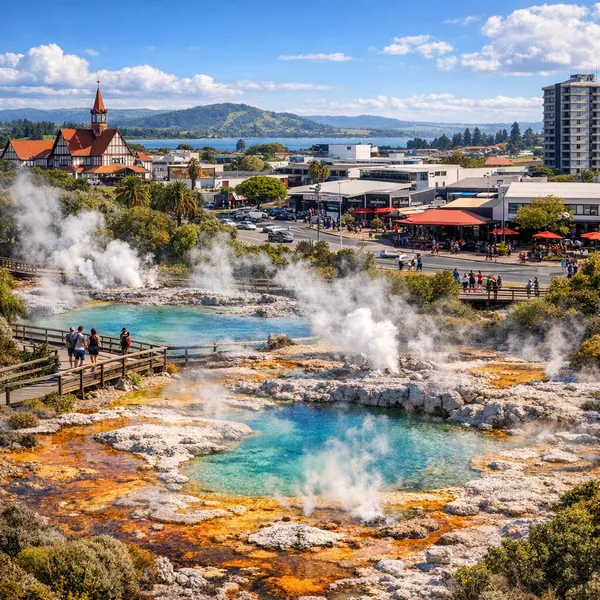 Enjoy an online jigsaw puzzle designed for browser play, featuring a vibrant geothermal scene that blends nature and town life.