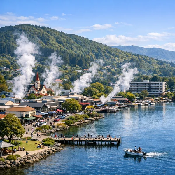 Enjoy an online jigsaw puzzle designed for browser play, featuring a charming lakeside town where nature and small-town life meet.
