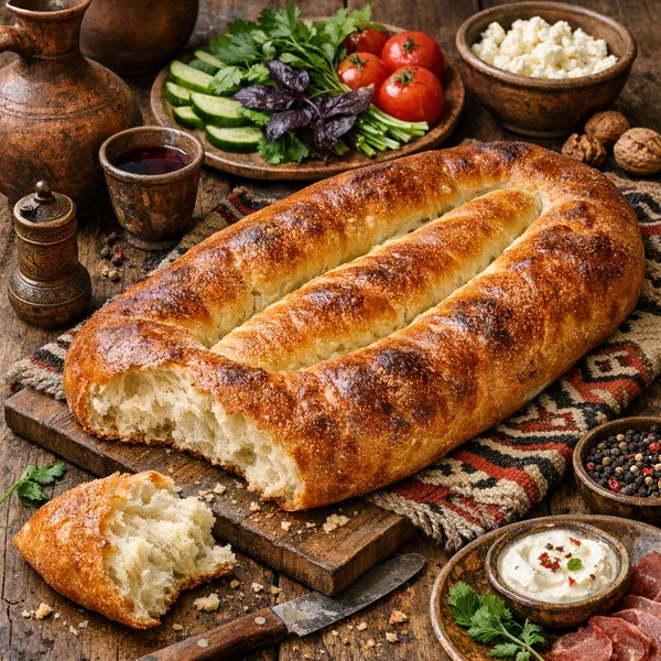 Enjoy an online jigsaw puzzle designed for browser play, featuring a rustic food scene centered on a golden, crusty loaf of bread and a cozy charcuterie spread.