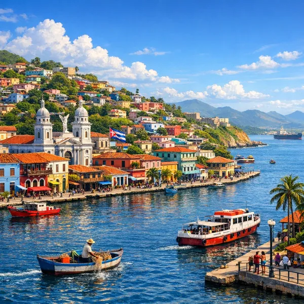 Enjoy an online jigsaw puzzle designed for browser play, featuring a sunlit coastal town scene full of vibrant colors and seaside charm.