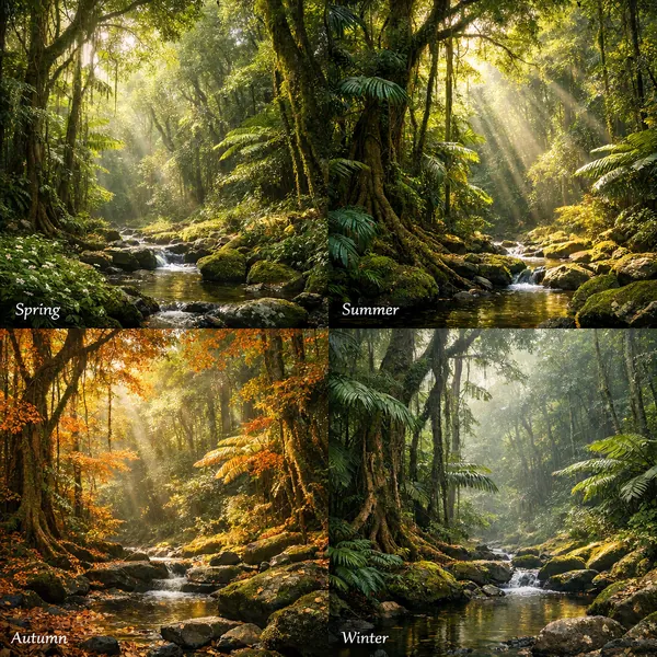 Enjoy an online jigsaw puzzle designed for browser play, featuring a tranquil nature scene that celebrates the four seasons.