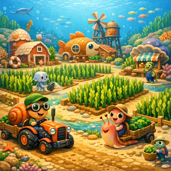 Enjoy an online jigsaw puzzle designed for browser play, featuring a charming underwater farm scene filled with friendly sea creatures and coastal cottage build