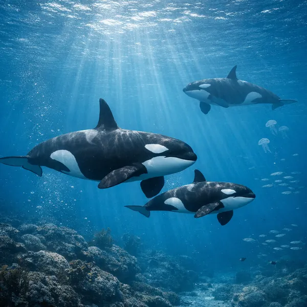 Enjoy an online jigsaw puzzle designed for browser play, featuring a serene underwater scene of orcas gliding through sunlit ocean waters.