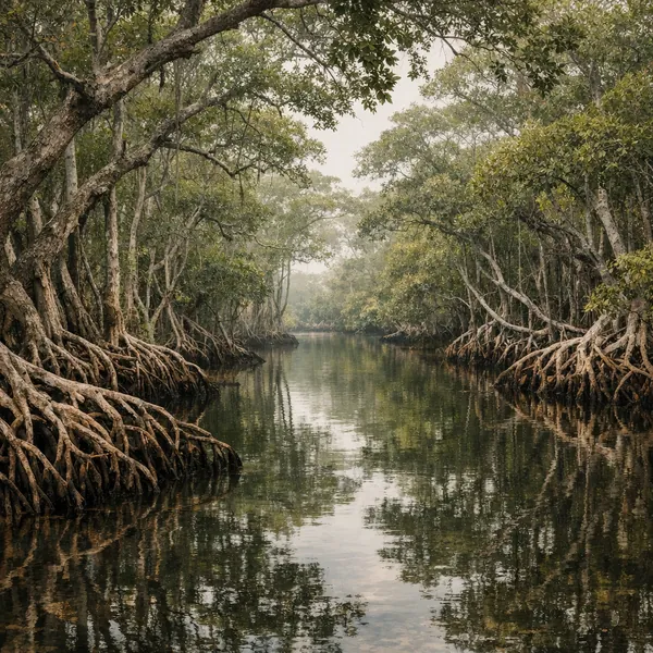 Enjoy an online jigsaw puzzle designed for browser play, featuring a tranquil mangrove forest scene.