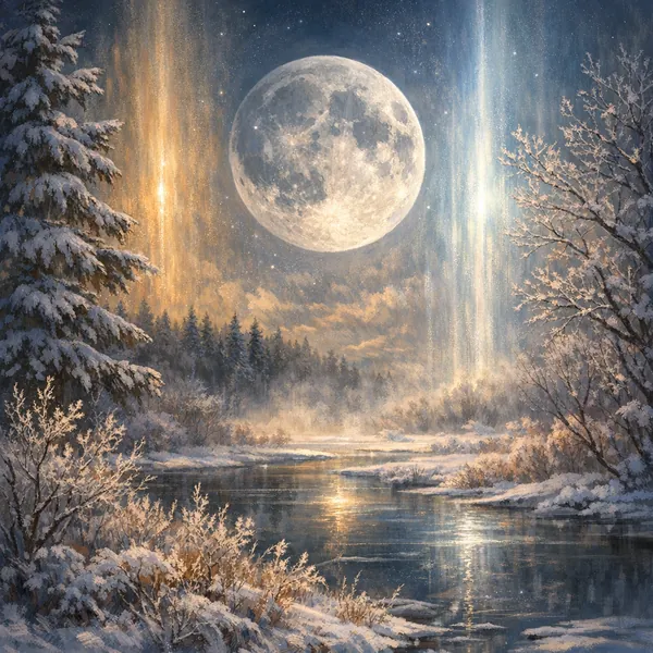 Enjoy an online jigsaw puzzle designed for browser play, featuring a magical winter nature scene under a luminous full moon.