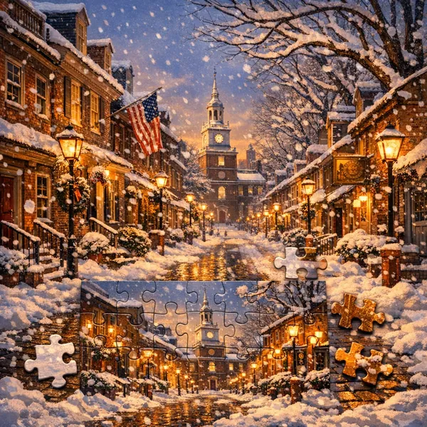 Enjoy an online jigsaw puzzle designed for browser play, featuring a picturesque winter city scene.