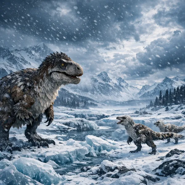 Enjoy an online jigsaw puzzle designed for browser play, featuring a dramatic prehistoric wildlife scene.