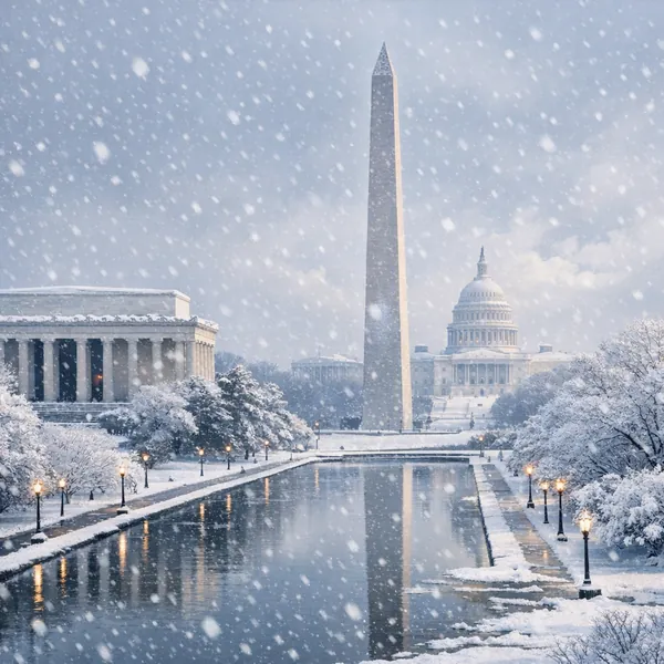 Enjoy an online jigsaw puzzle designed for browser play, featuring a serene winter cityscape and architectural landmarks set along a reflective pool.