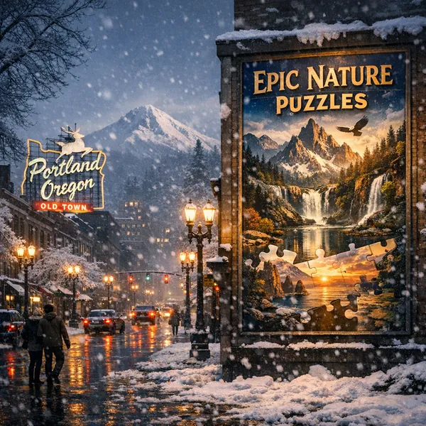 Enjoy an online jigsaw puzzle designed for browser play, featuring a cozy snow-dusted city scene framed alongside a dramatic nature poster.