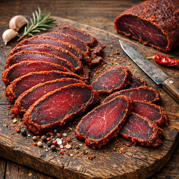 Enjoy an online jigsaw puzzle designed for browser play, featuring a rustic food scene of richly spiced cured meat slices arranged on a weathered wooden board.