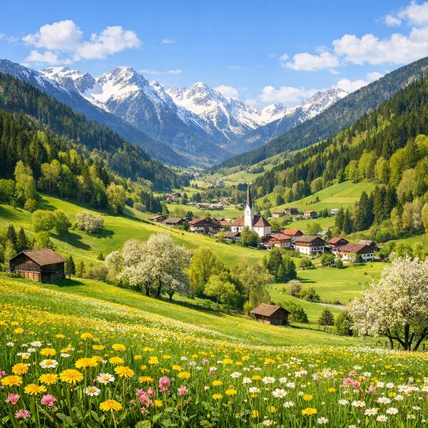 Enjoy an online jigsaw puzzle designed for browser play, featuring a sunlit alpine village nestled in a springtime mountain valley.