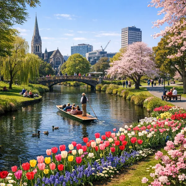 Enjoy an online jigsaw puzzle designed for browser play, featuring a charming springtime city park scene where nature and urban life meet.