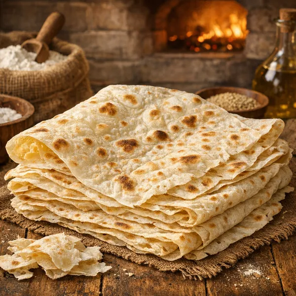 Enjoy an online jigsaw puzzle designed for browser play, featuring a rustic food scene of freshly baked flatbreads stacked on a wooden table.