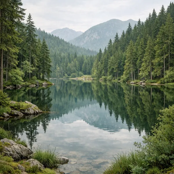 This online jigsaw puzzle features a tranquil mountain lake scene set within a lush evergreen forest, perfect for nature lovers playing right in their browser.