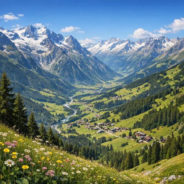 Enjoy an online jigsaw puzzle designed for browser play, featuring a sunlit alpine valley and sweeping mountain landscape.
