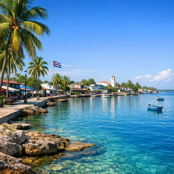 Play an online jigsaw puzzle in your browser that shows a sunlit coastal town and sparkling turquoise water.