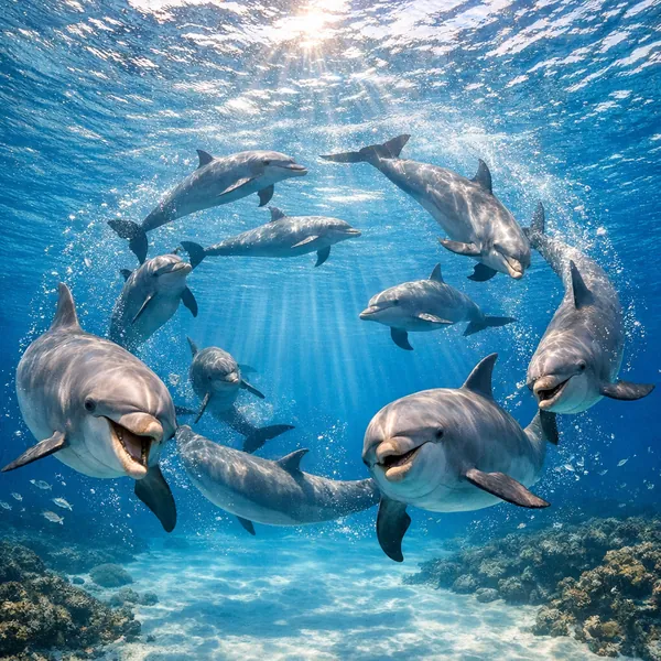Enjoy an online jigsaw puzzle designed for browser play, featuring a lively pod of dolphins gliding through sunlit blue water — a charming marine scene perfect