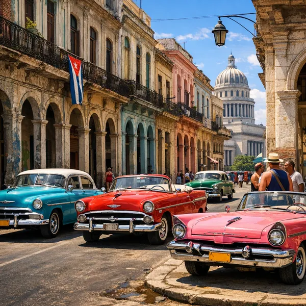 This online jigsaw puzzle features a sunlit city scene of vintage cars and colorful colonial architecture, perfect for lovers of travel and urban photography.