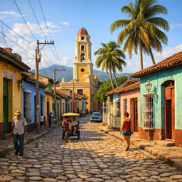 Enjoy an online jigsaw puzzle designed for browser play, featuring a sunlit colonial street scene in a charming town.