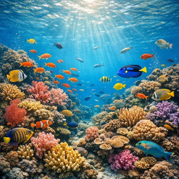Enjoy an online jigsaw puzzle designed for browser play, featuring a vibrant coral reef teeming with tropical sea life and rich underwater colors.