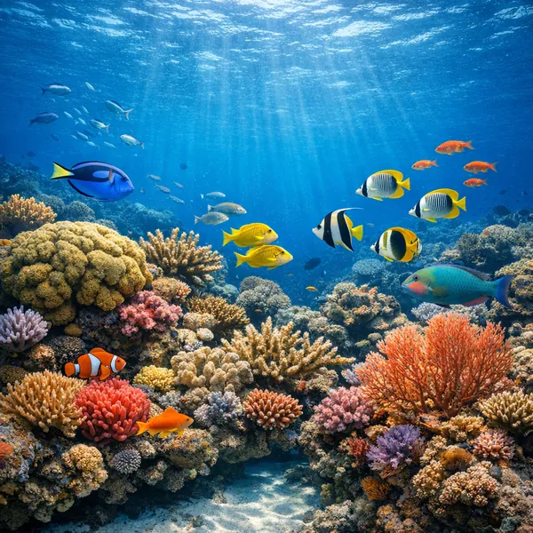 This online jigsaw puzzle features a vibrant coral reef scene full of marine life, perfect for a peaceful browser play session.