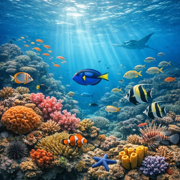 Enjoy an online jigsaw puzzle designed for browser play, featuring a vibrant underwater coral reef alive with sea life.