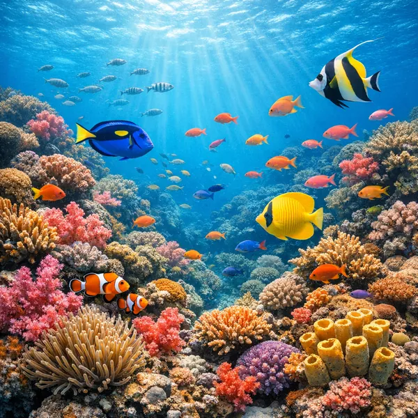 Enjoy an online jigsaw puzzle designed for browser play, featuring a vibrant underwater coral reef teeming with tropical fish and marine life.