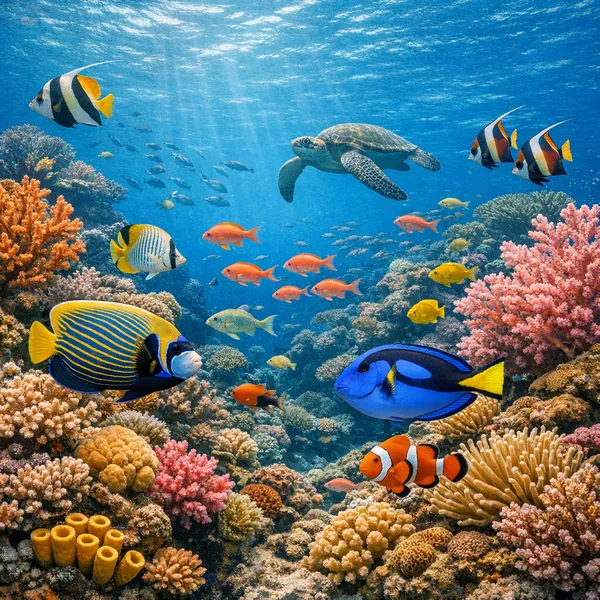 Enjoy an online jigsaw puzzle designed for browser play, featuring a vibrant coral reef alive with colorful sea life.