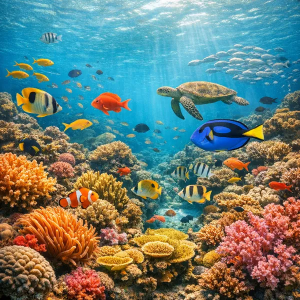 Enjoy an online jigsaw puzzle designed for browser play, featuring a vibrant underwater reef scene full of marine life and colorful coral.