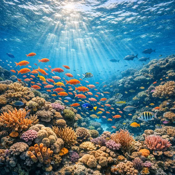 Enjoy an online jigsaw puzzle designed for browser play, featuring a vibrant coral reef alive with tropical sea life.