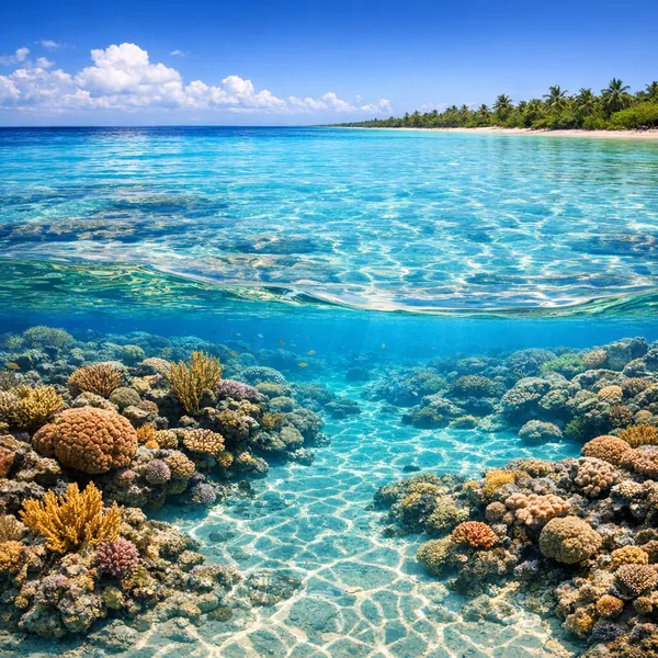 This online jigsaw puzzle features a sunlit tropical seascape with a vibrant coral reef and a distant palm-fringed shoreline, perfect for nature lovers.