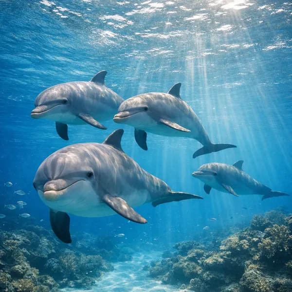 Enjoy an online jigsaw puzzle designed for browser play, featuring a serene underwater scene of playful dolphins in their ocean habitat.