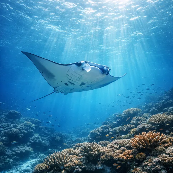 This online jigsaw puzzle features a graceful manta ray gliding above a colourful coral reef, offering a peaceful marine life scene to solve in your browser.