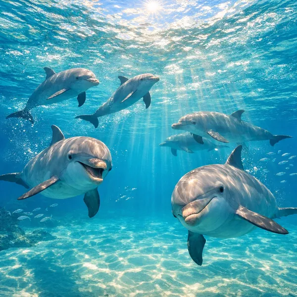 This online jigsaw puzzle features a bright underwater scene filled with playful dolphins, perfect for fans of ocean life and marine animals.