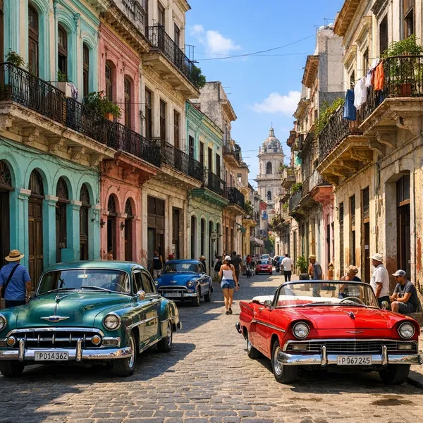 This online jigsaw puzzle features a sunlit city street scene filled with vintage cars and colorful colonial architecture, perfect for browser play.